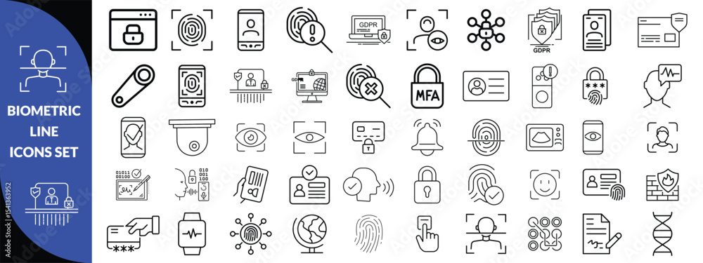 biometric line icons. Identity, acces, passport, id card, verification etc. Editable stroke design biometric line icons. Identity, acces, passport, id card, verification etc. Editable stroke design