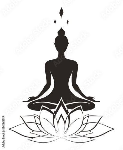 Abstract Hand-Drawn Silhouette of Meditating Figure with Lotus Design