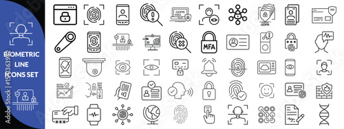 biometric line icons. Identity, acces, passport, id card, verification etc. Editable stroke design 