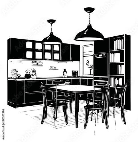 Detailed Abstract Hand-Drawn Illustration of a Modern Kitchen Interior Design