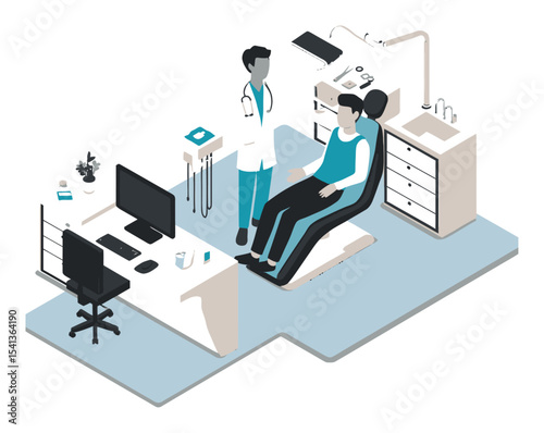 Modern Healthcare Office Illustration with Doctor and Patient Interaction