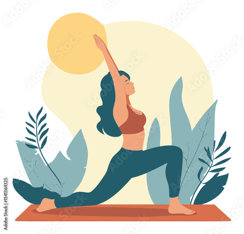Woman Practicing Yoga in a Cartoon Style with Sun and Plants