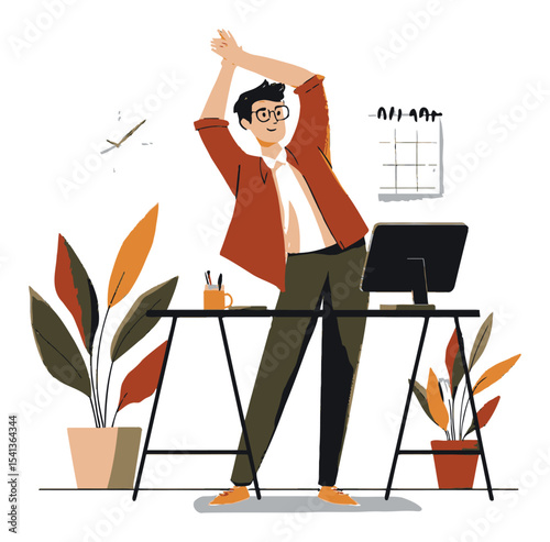 Man Stretching at Office Desk Surrounded by Plants in Cartoon Vector Style