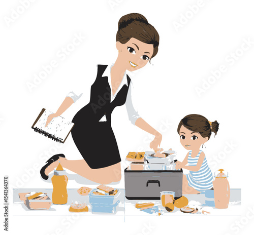Mother and Daughter Enjoying a Fun Picnic Together with Food Containers