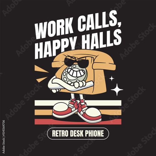 Vector Illustration of Landline Telephone Mascot with Retro Cartoon Mascot Available for Tshirt Design