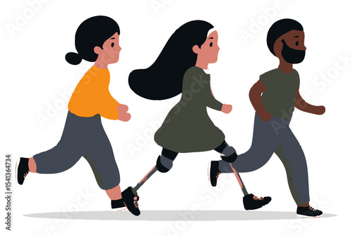 Diverse Characters in Motion with Prosthetic Leg Vector Cartoon Style