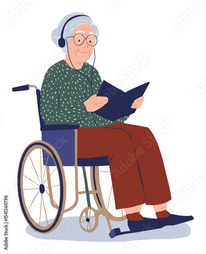 Elderly Person Enjoying Music While Reading in Wheelchair Illustration