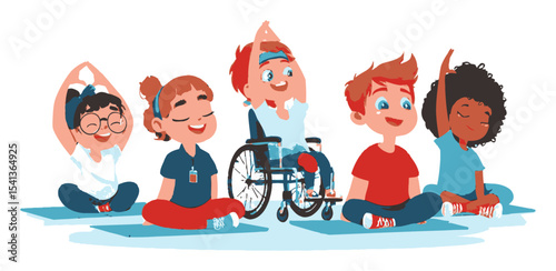 Diverse Children Engaging in Yoga Practice in a Colorful Vector Illustration