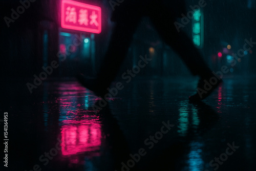 Man walking in rainy street with neon reflections and moody lighting