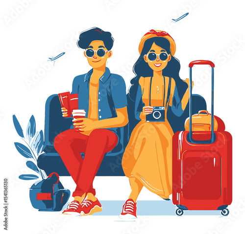 Stylish Young Travelers Sitting with Luggage and Drinks in Modern Vector Art