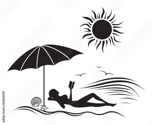 Abstract Illustration of a Woman Relaxing Under an Umbrella by the Sea