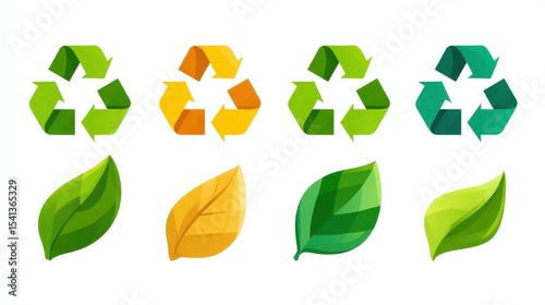 Four sets of recycling symbols and corresponding colored leaves, emphasizing sustainability and environmental awareness.