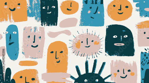 Stylized faces express smiles in abstract colorful patterned arrangement