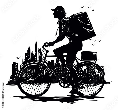 Silhouette of a Person Riding Bicycle in Urban Setting with Delivery Bag