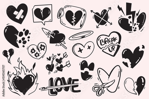 Broken heart doodle hand drawn. Hearts Romance & Pain vector