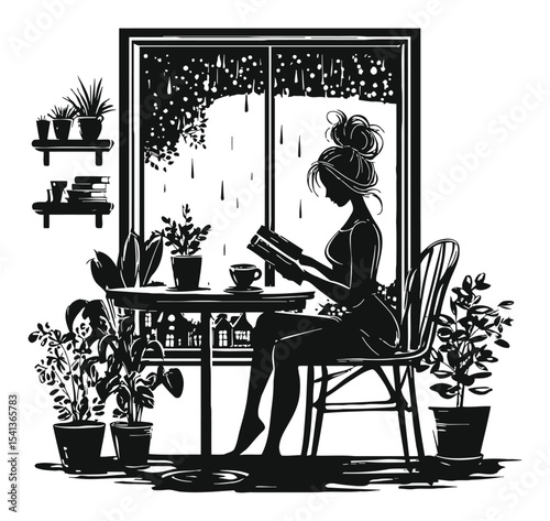 Cozy Rainy Day Indoor Scene with Woman Reading by Window in Abstract Style