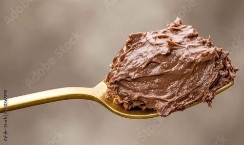 A gold spoon filled with a realistic and delicious-looking spoonful of chocolate brownie ice cream, in an image