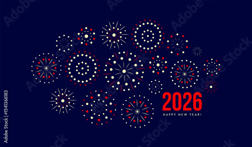 Happy New Year 2026 with Fireworks Display and Festive Celebration Theme. Elegant Holiday Card Design for Party, Invitation, or Digital Greeting. Vector Illustration.