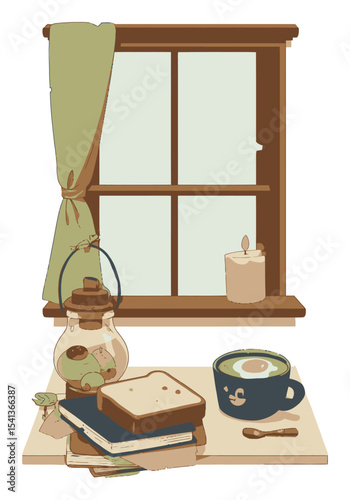 Cozy Indoor Scene with Window, Candle, Breakfast, and Hot Beverage Display