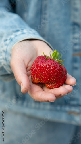 Strawberry in human hands.
