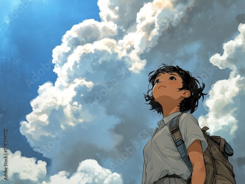 A woman with stylish short hair in an anime style is depicted as being happy in the image