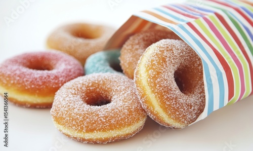 Mini apple cider donuts are packaged in a small white and red striped paper bag, image
