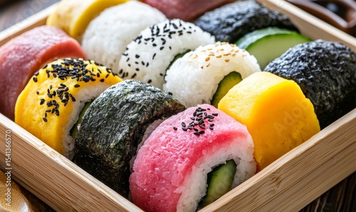furikake seasoning made from dried salmon flakes is sprinkled on rice balls, image