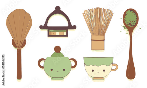 Cute Cartoon Kitchen Utensils and Matcha Accessories in Vector Art Style
