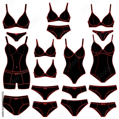Assorted black lingerie with red trim including bras panties and bodysuits on a white background