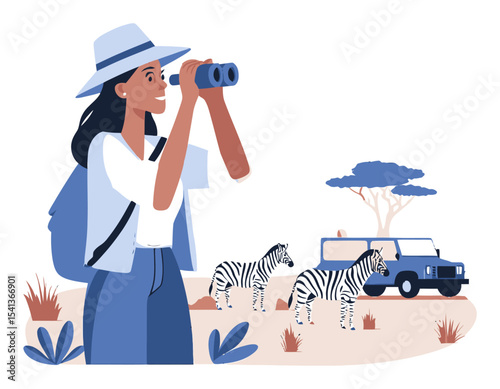 Woman Observing Zebras with Binoculars in Scenic Nature Cartoon Vector