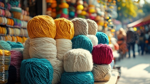 A vibrant street photography shot of a bustling artisan market stall, showcasing an array of hand-spun and naturally dyed wool yarns, with customers admiring the textures and colors Concept