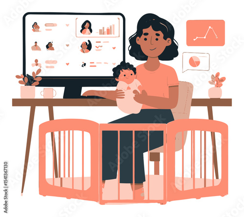 Cartoon Vector of Mother Working from Home with Baby in Playpen