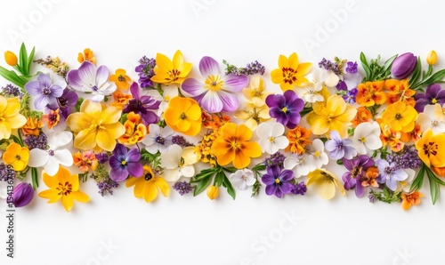 spring flowers of different colours on a plain white background, image