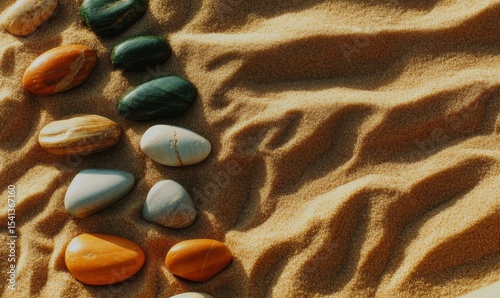 A meditative composition is formed by a flat lay of smooth pebbles on sand in this image