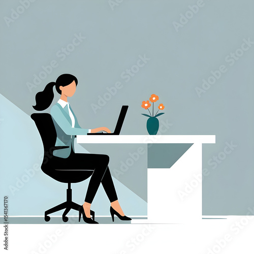Minimalist vector illustration of a businesswoman working on a laptop at a modern office desk with a flower vase.