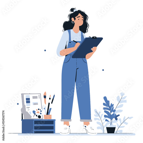 Young Woman Drawing on Clipboard with Art Supplies and Plants in Background