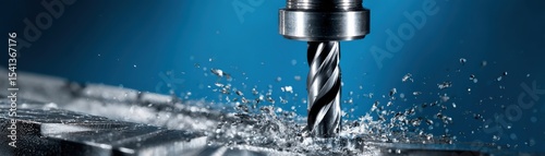 Close-up of a drill bit cutting metal with blue background, showing metal shavings and sparks flying during the machining process.