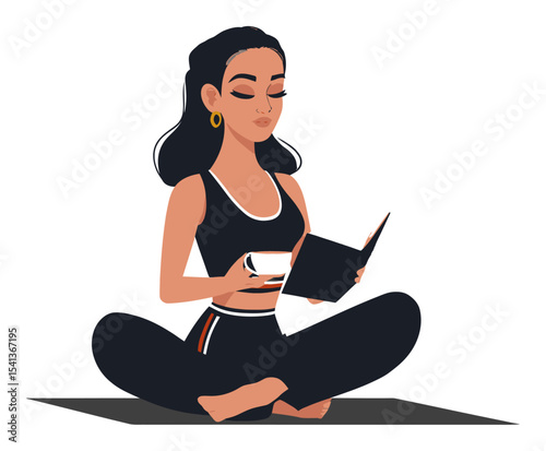 Young Woman Meditating While Reading a Book in Stylish Yoga Outfit