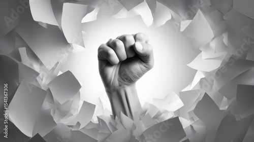 A clenched fist breaks through a torn paper background, symbolizing strength, power, and breakthrough.