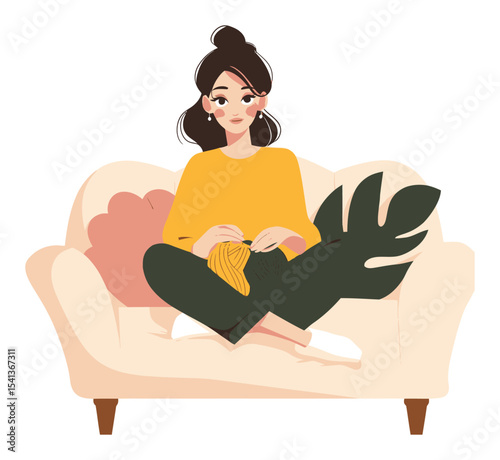 Young Woman Knitting Cozy Sweater in Living Room with Soft Sofa and Decor