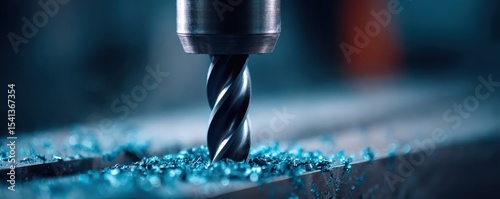 Close-up of a metal drill bit working on a metallic surface with blue lighting and metal shavings scattered around.