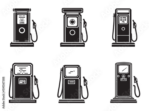 set of 6 psc different type of  Gas pump clear vision simple dark black line art on white (4).eps