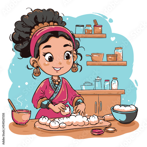 Joyful Girl Making Dumplings in a Colorful Kitchen Illustration