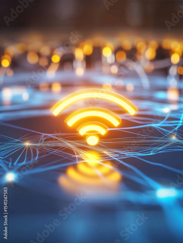 Close-up of glowing wi-fi symbol on modern digital device, surrounded by connected network cables and routers, representing internet service connectivity and modern technology integration.