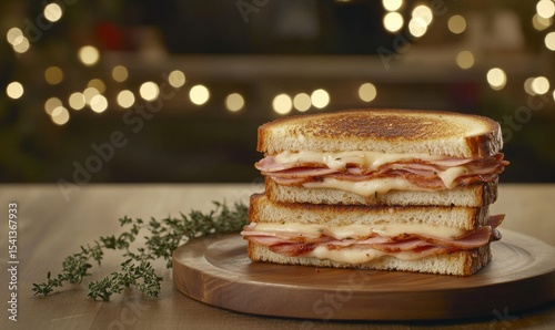 A grilled cheese sandwich, golden-brown and filled with ham and melting cheddar, is cut in half and sits on a wooden board in the image