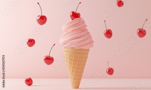 A cone of ice cream with red swirls and floating cherries, as depicted in an image