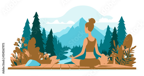 Serene Woman Meditating in Nature, Surrounded by Trees and Mountains