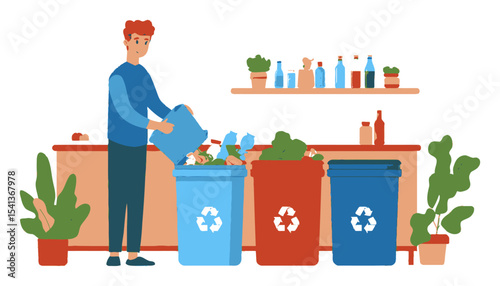 Person Recycling Waste in Kitchen with Colorful Bins and Plants Around