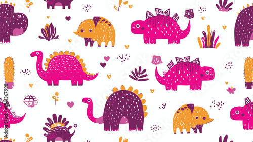 Cartoon dinosaurs animate fun repeat pattern across white background backdrop