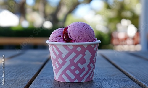 A paper cup containing white chocolate and raspberry ice cream, in image form